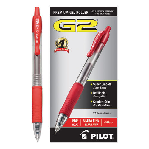 Image of Pilot® G2 Premium Gel Pen, Retractable, Extra-Fine 0.38 mm, Red Ink, Smoke/Red Barrel