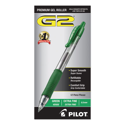 Image of Pilot® G2 Premium Gel Pen, Retractable, Extra-Fine 0.5 mm, Green Ink, Smoke/Green Barrel, Dozen