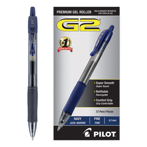 Image of Pilot® G2 Premium Gel Pen, Retractable, Fine 0.7 mm, Navy Blue Ink, Smoke/Blue Barrel, Dozen