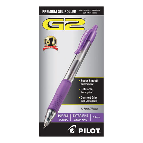Image of Pilot® G2 Premium Gel Pen, Retractable, Extra-Fine 0.5 mm, Purple Ink, Smoke/Purple Barrel, Dozen
