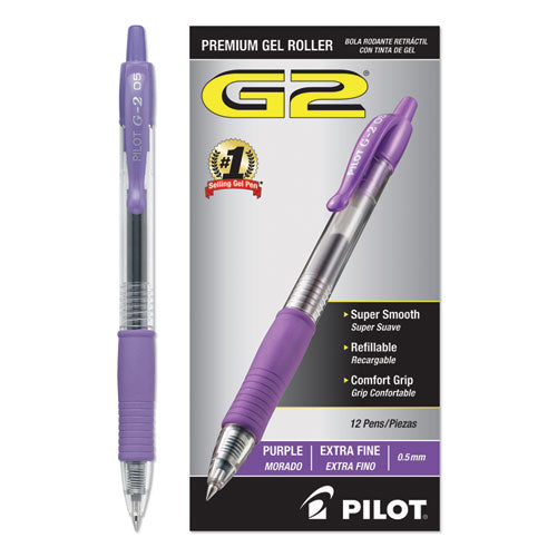 Image of Pilot® G2 Premium Gel Pen, Retractable, Extra-Fine 0.5 mm, Purple Ink, Smoke/Purple Barrel, Dozen