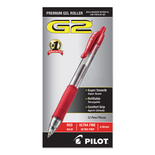 Image of Pilot® G2 Premium Gel Pen, Retractable, Extra-Fine 0.38 mm, Red Ink, Smoke/Red Barrel