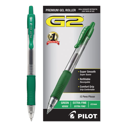 Image of Pilot® G2 Premium Gel Pen, Retractable, Extra-Fine 0.5 mm, Green Ink, Smoke/Green Barrel, Dozen