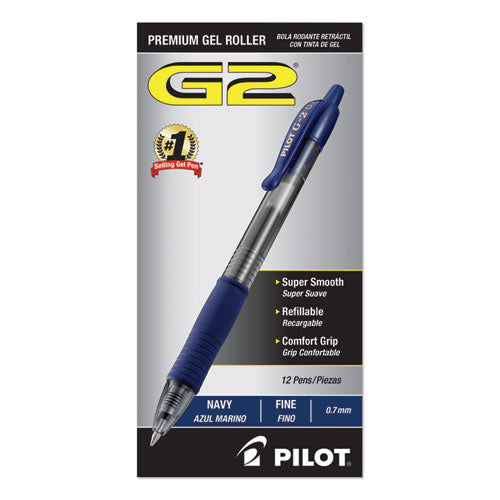 Image of Pilot® G2 Premium Gel Pen, Retractable, Fine 0.7 mm, Navy Blue Ink, Smoke/Blue Barrel, Dozen