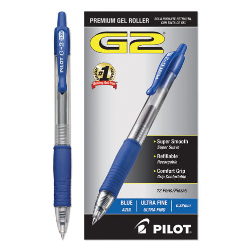 Image of Pilot® G2 Premium Gel Pen Convenience Pack, Retractable, Extra-Fine 0.38 mm, Blue Ink, Smoke/Blue Barrel, Dozen