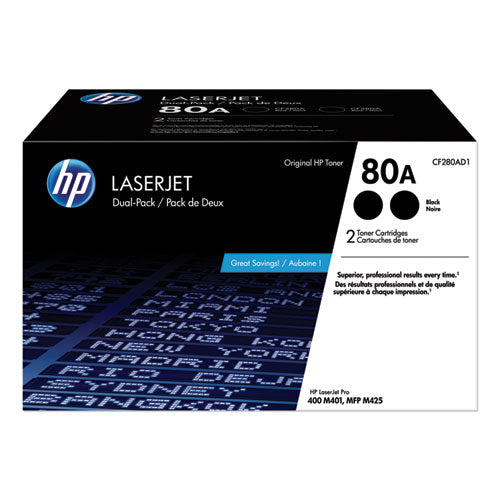 Image of HP HP 80a, (cf280a-D) 2-Pack Black Original Laserjet Toner Cartridges