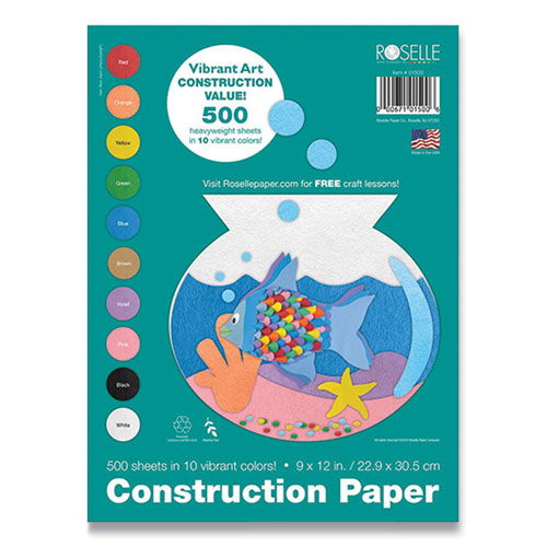 Image of Roselle Vibrant Art Heavyweight Construction Paper, 76 lb Text Weight, 9 x 12, Assorted Colors, 500/Pack