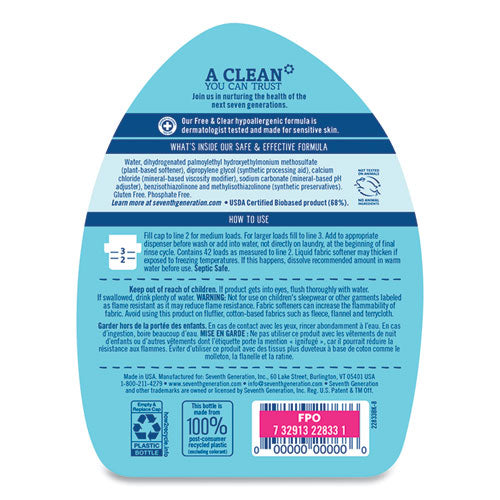 Image of Seventh Generation® Natural Liquid Fabric Softener, Free And Clear, 42 Loads, 32 Oz Bottle, 6/carton