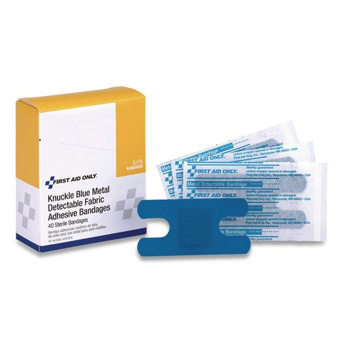 Image of First Aid Only Blue Metal Detectable Fabric Adhesive Bandages, Four-Wing Knuckle, 1.5 X 3, 40/box