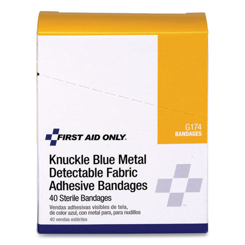 Image of First Aid Only Blue Metal Detectable Fabric Adhesive Bandages, Four-Wing Knuckle, 1.5 X 3, 40/box
