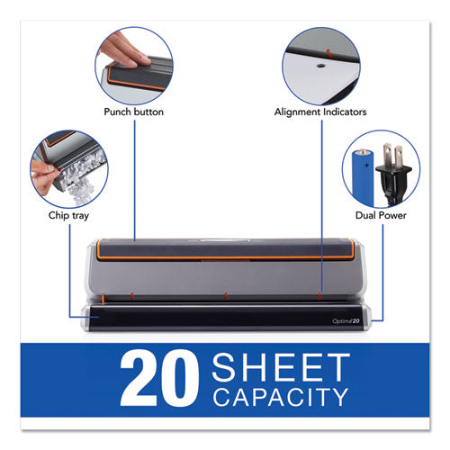 Image of Swingline® 20-Sheet Optima 20 Electric Punch, Three-Hole, 9/32" Holes, Silver/black