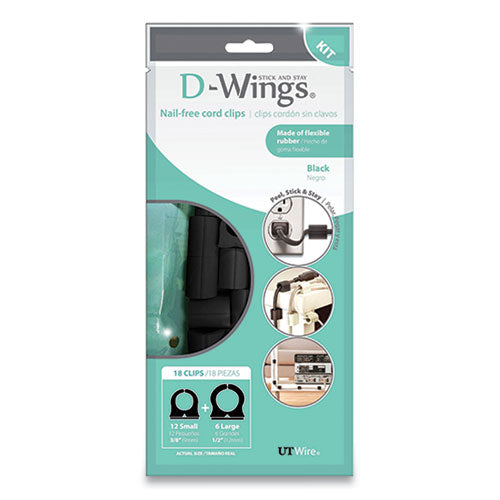 Image of UT Wire® D-Wings Nail-Free Cord Clips, 12 Small 0.38", Six Large 0.5", Black, 18/pack