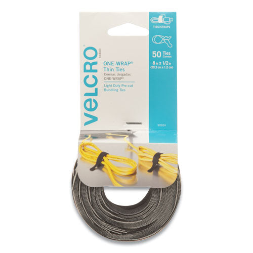 Image of VELCRO® Brand One-Wrap Pre-Cut Thin Ties, 0.5" X 8", Black/gray, 50/pack