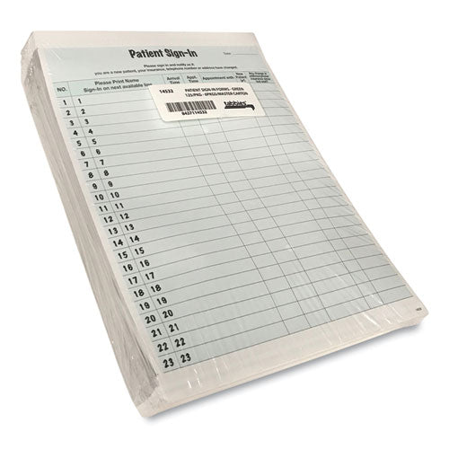 Image of Tabbies® Patient Sign-In Label Forms, Two-Part Carbon, 8.5 x 11.63, Green Sheets, 125 Forms Total