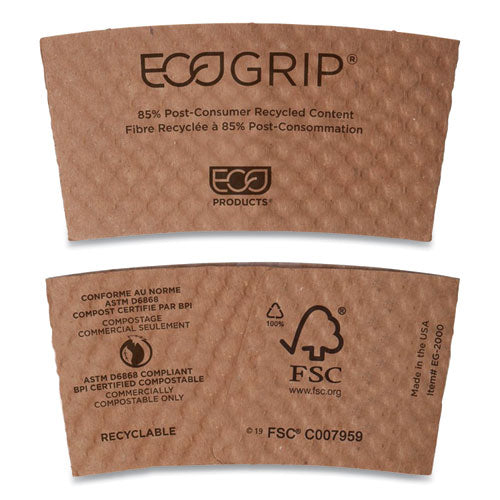 Image of Eco-Products® Ecogrip Hot Cup Sleeves - Renewable And Compostable, Fits 12, 16, 20, 24 Oz Cups, Kraft, 1,300/carton