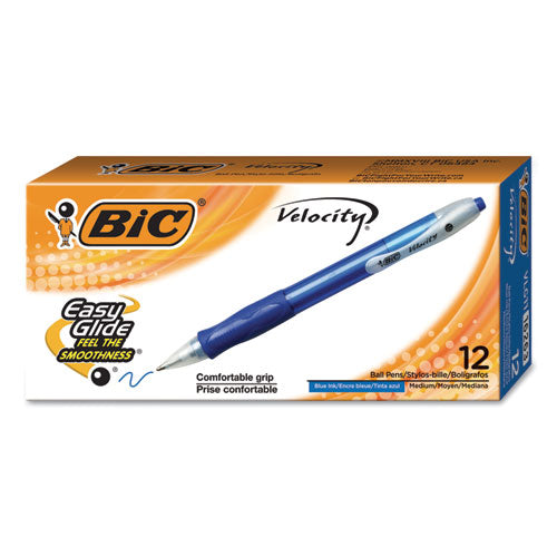 Image of BIC® Velocity Easy Glide Ballpoint Pen, Retractable, Medium 1 Mm, Blue Ink, Translucent Blue Barrel, Dozen