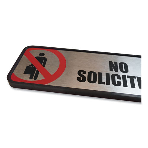 Image of COSCO Brushed Metal Office Sign, No Soliciting, 9 X 3, Silver/red