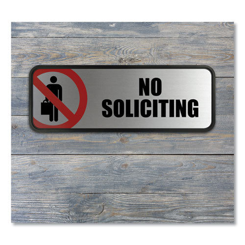 Image of COSCO Brushed Metal Office Sign, No Soliciting, 9 X 3, Silver/red