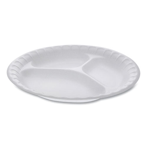 Image of Pactiv Evergreen Placesetter Satin Non-Laminated Foam Dinnerware, 3-Compartment Plate, 9" dia, White, 500/Carton