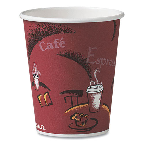 Image of SOLO® Paper Hot Drink Cups in Bistro Design, 3.35" Diameter x 3.82" h, 10 oz, Maroon, 1,000/Carton