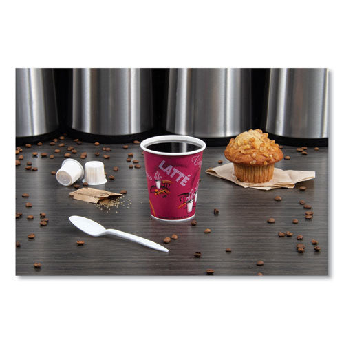 Image of SOLO® Paper Hot Drink Cups in Bistro Design, 3.35" Diameter x 3.82" h, 10 oz, Maroon, 1,000/Carton