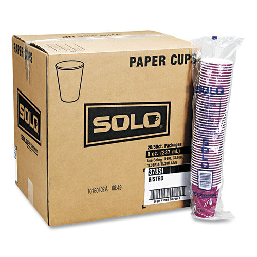 Image of SOLO® Paper Hot Drink Cups in Bistro Design, 3.35" Diameter x 3.82" h, 10 oz, Maroon, 1,000/Carton