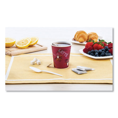 Image of SOLO® Paper Hot Drink Cups in Bistro Design, 3.35" Diameter x 3.82" h, 10 oz, Maroon, 1,000/Carton