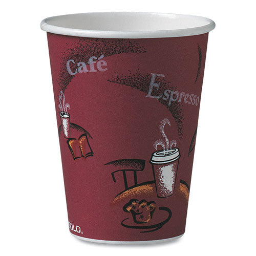 Image of SOLO® Paper Hot Drink Cups in Bistro Design, 12 oz, Maroon, 50/Bag, 20 Bags/Carton