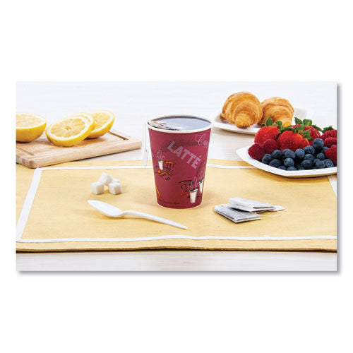 Image of SOLO® Paper Hot Drink Cups in Bistro Design, 12 oz, Maroon, 50/Bag, 20 Bags/Carton