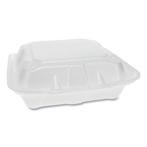 Image of Pactiv Evergreen Vented Foam Hinged Lid Container, Dual Tab Lock, 3 Compartments, 8.42 x 8.15 x 3, White, 150/Carton