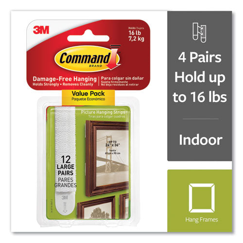 Image of Command Picture Hanging Strips, Large, Removable, Holds Up To 4 Lbs Per Pair, 0.75 X 3.65, White, 12 Pairs/pack