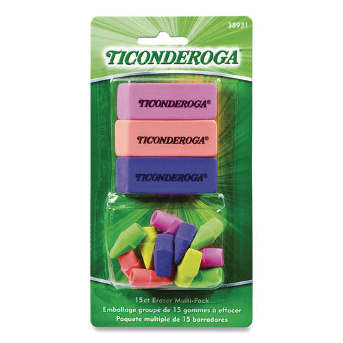 Image of Ticonderoga® Neon Eraser Multipack, For Pencil Marks, (12) End-Cap Erasers, (3) Block Erasers, Assorted Colors