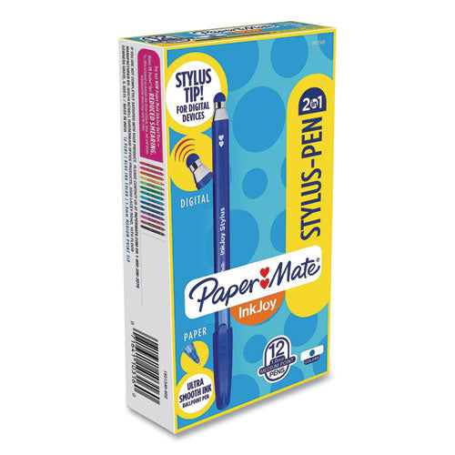 Image of Paper Mate® InkJoy 100 Ballpoint Pen/Stylus, Stick, Medium 1 mm, Blue Ink, Blue Barrel, 12/Pack