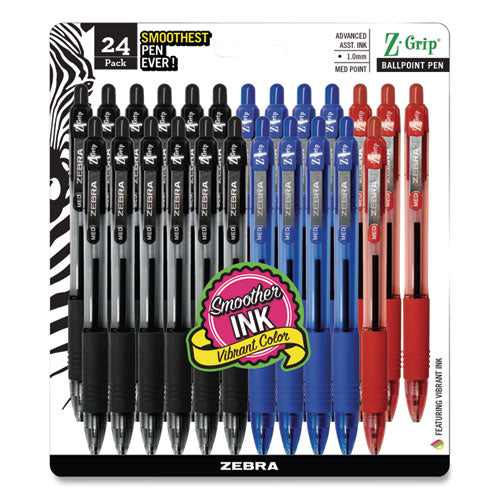 Image of Zebra® Z-Grip Ballpoint Pen, Retractable, Medium 1 mm, Assorted Ink and Barrel Colors, 24/Pack