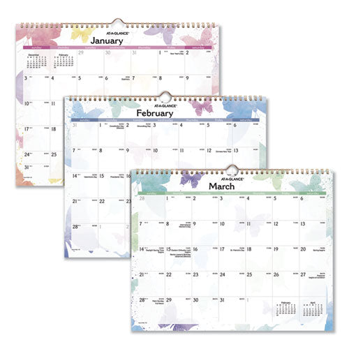 Image of AT-A-GLANCE® Watercolors Recycled Monthly Wall Calendar, Butterflies Artwork, 15 x 12, White/Multicolor Sheets, 12-Month (Jan-Dec): 2025