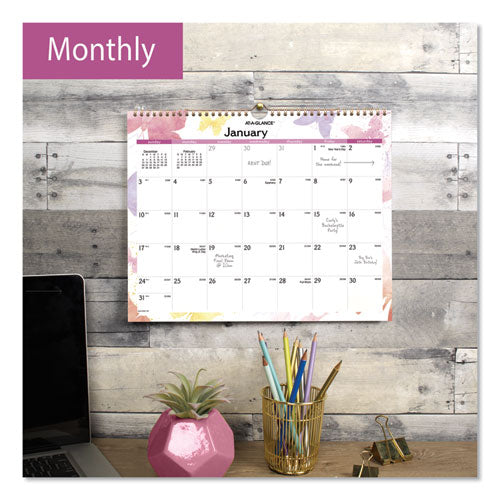 Image of AT-A-GLANCE® Watercolors Recycled Monthly Wall Calendar, Butterflies Artwork, 15 x 12, White/Multicolor Sheets, 12-Month (Jan-Dec): 2025