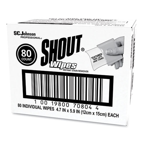 Image of Shout® Wipe and Go Instant Stain Remover, 4.7 x 5.9, Unscented, White, 80 Packets/Carton