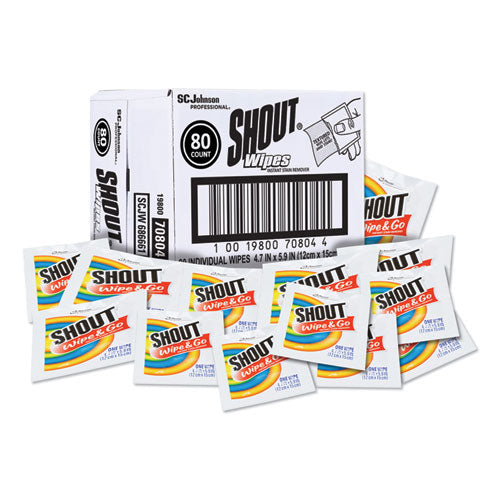 Image of Shout® Wipe and Go Instant Stain Remover, 4.7 x 5.9, Unscented, White, 80 Packets/Carton
