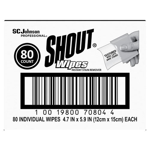 Image of Shout® Wipe and Go Instant Stain Remover, 4.7 x 5.9, Unscented, White, 80 Packets/Carton