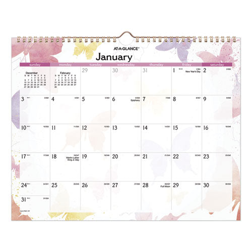 Image of AT-A-GLANCE® Watercolors Recycled Monthly Wall Calendar, Butterflies Artwork, 15 x 12, White/Multicolor Sheets, 12-Month (Jan-Dec): 2025