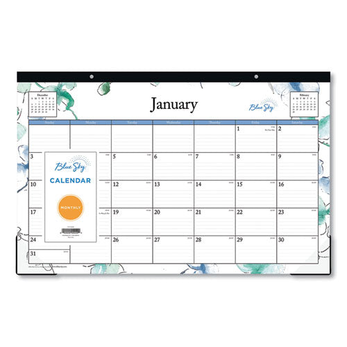 Image of Blue Sky® Lindley Desk Pad, Floral Artwork, 17 x 11, White/Blue/Green Sheets, Black Binding, Clear Corners, 12-Month (Jan to Dec): 2025