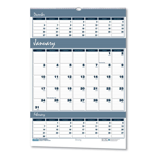 Image of House of Doolittle Bar Harbor Recycled Wirebound 3-Months-per-Page Wall Calendar, 15.5 x 22, White/Blue/Gray, 14-Month: Dec 2024 to Jan 2026