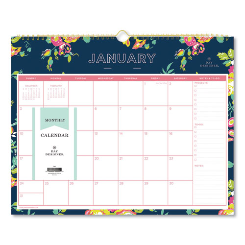 Image of Blue Sky® Day Designer Peyton Wall Calendar, Floral Artwork, 15 x 12, White/Navy Sheets, 12-Month (Jan to Dec): 2025