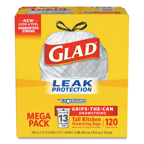 Image of Glad® Tall Kitchen Drawstring Trash Bags with LeakGuard, 13 gal, Unscented, 23.47" x 25.38", White, 120/Box