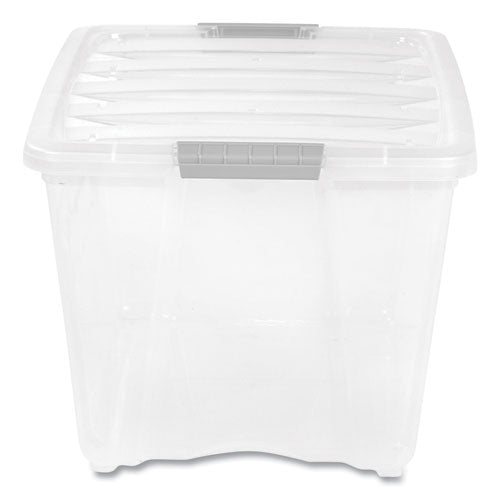 Image of IRIS Stack and Pull Latching Flat Lid Storage Box, 13.5 gal, 22" x 16.5" x 13.03", Clear