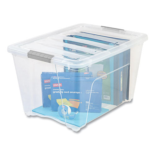 Image of IRIS Stack and Pull Latching Flat Lid Storage Box, 13.5 gal, 22" x 16.5" x 13.03", Clear