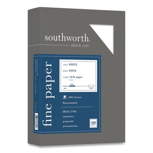 Image of Southworth® 100% Cotton Business Paper, 95 Bright, 24 lb Bond Weight, 8.5 x 11, White, 500/Box