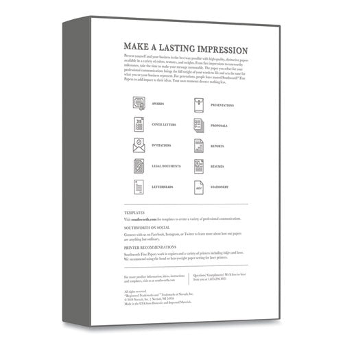 Image of Southworth® 100% Cotton Business Paper, 95 Bright, 24 lb Bond Weight, 8.5 x 11, White, 500/Box