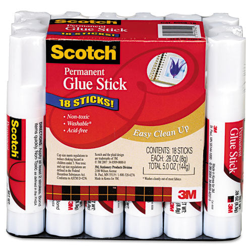 Image of Scotch® Permanent Glue Stick, 0.28 oz, Dries Clear, 18/Pack