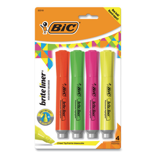 Image of BIC® Brite Liner Tank-Style Highlighter, Assorted Ink Colors, Chisel Tip, Assorted Barrel Colors, 4/set